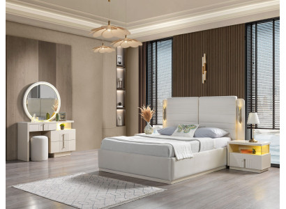 Polstret seng til soveværelset med 2 moderne og elegante natborde, sæt af 5 dele