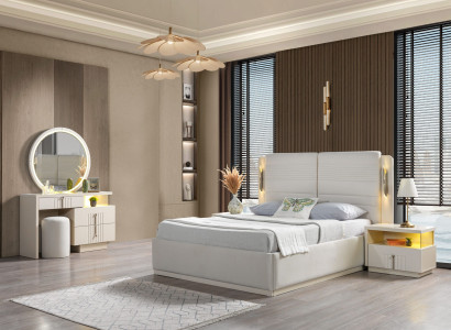 Polstret seng til soveværelset med 2 moderne og elegante natborde, sæt af 5 dele