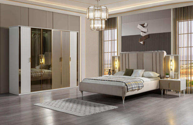 Soveværelsesensemble med seng, 2 natborde og moderne skab, 4 dele