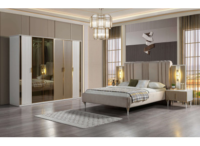 Soveværelsesensemble med seng, 2 natborde og moderne skab, 4 dele