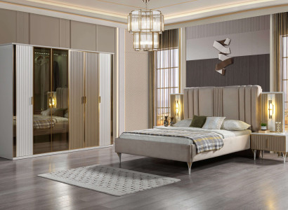 Soveværelsesensemble med seng, 2 natborde og moderne skab, 4 dele