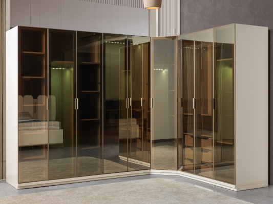 Moderne hjørneskab i mat glas med stort design