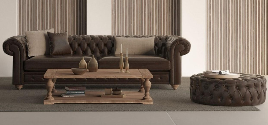 Sofa og puff til stuen, der kombinerer stil og komfort