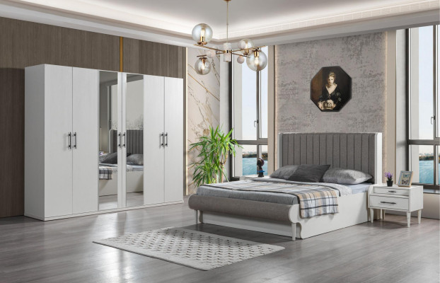 Moderne 4-delt soveværelse med seng, skab og natborde