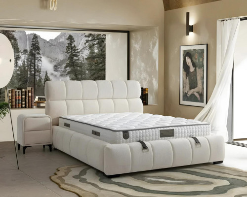 Elegant blåt seng med madras af tekstil og træ