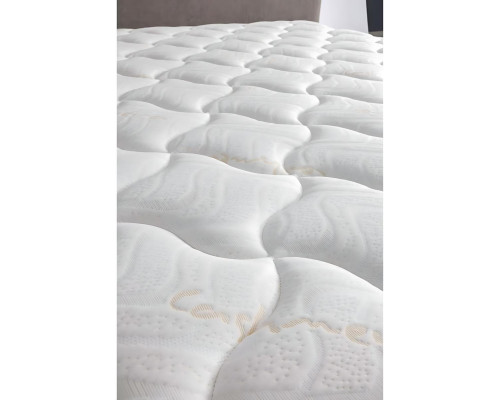 Elegant grå seng med madras af tekstil og træ