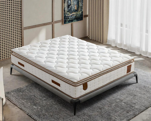 Grå seng med madras af tekstil og træ, moderne design