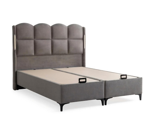 Grå seng med madras af tekstil og træ, moderne design