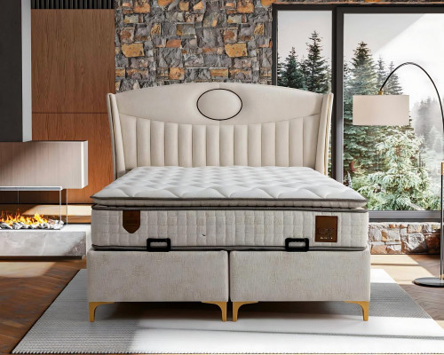 Elegant seng med madras i beige af tekstil og træ