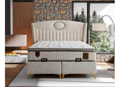 Elegant seng med madras i beige af tekstil og træ