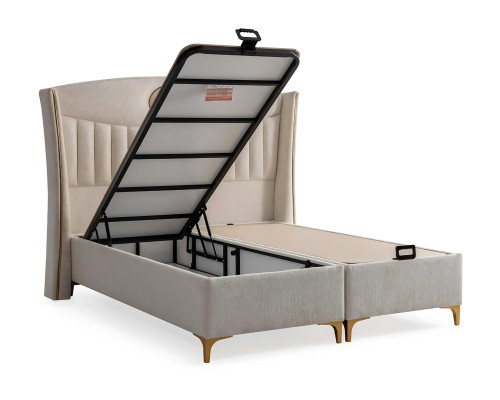 Elegant seng med madras i beige af tekstil og træ