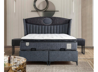 Elegant grå seng med madras af tekstil og træ