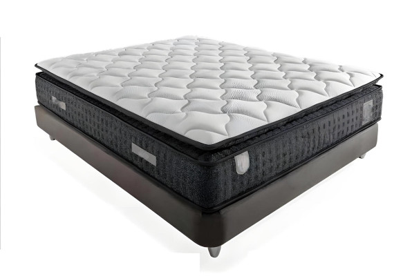 Elegant grå seng med madras af tekstil og træ