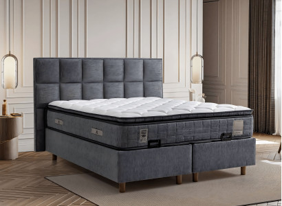 Moderne grå seng med tekstilmadras og træ