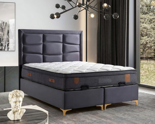 Nyt gråt seng med tekstil- og trämadras