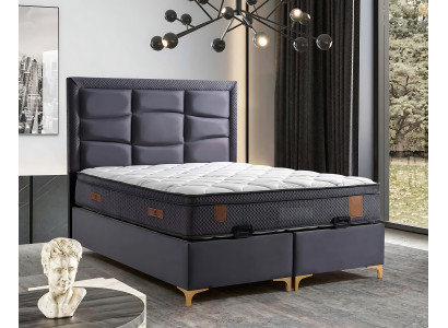 Nyt gråt seng med tekstil- og trämadras