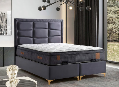 Nyt gråt seng med tekstil- og trämadras