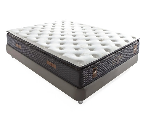 Elegant grå seng med stof- og trämadras