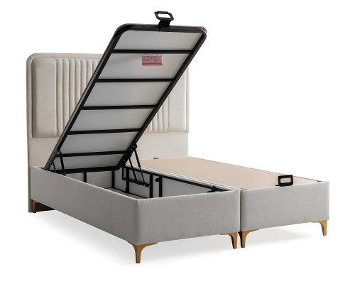 Elegant seng med madras i beige materiale og træ