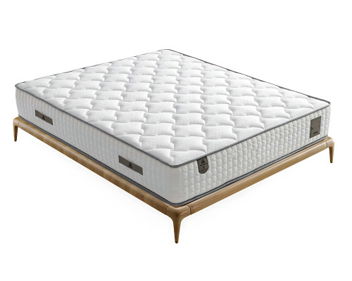 Elegant seng med madras i beige materiale og træ