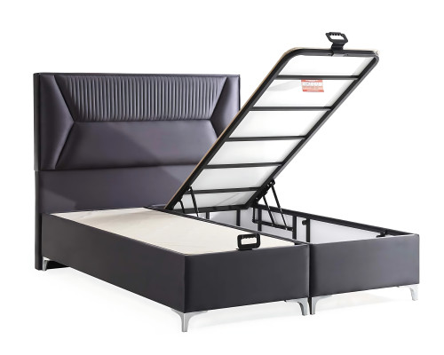 Elegant grå seng med stofmadras og træ