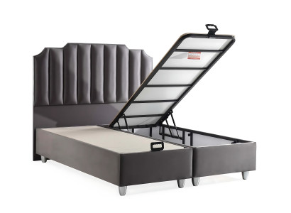 Elegant grå seng med stofmadras og træ