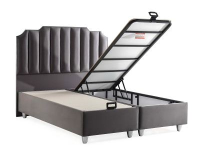 Elegant grå seng med stofmadras og træ