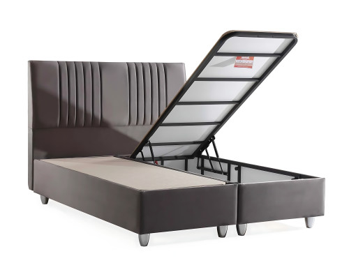 Seng i gråt materiale med moderne madras