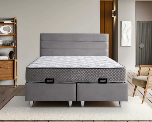 Elegant grå seng med tekstilmadras og træ