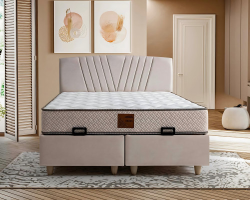 Elegant seng med madras i beige materiale og træ