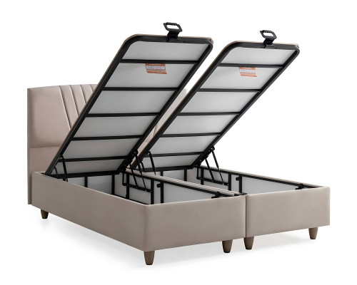 Elegant seng med madras i beige materiale og træ