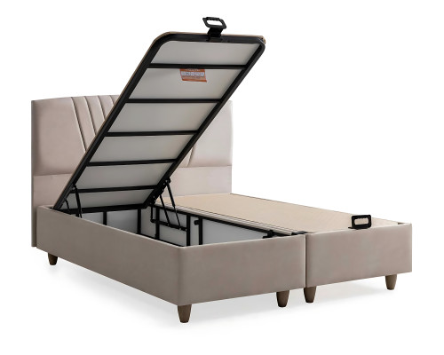 Elegant seng med madras i beige materiale og træ