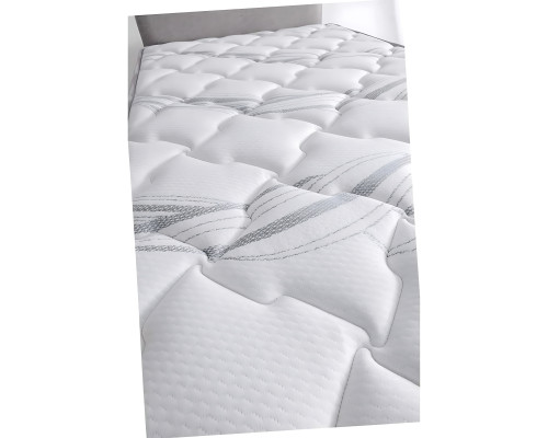 Elegant grå seng med tekstilmadras og træ