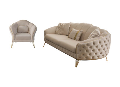 Modern Beige Wohnzimmer Set Sofa 3 Sitzer Sessel Textil Sessel Wohnzimmer