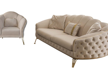 Modern Beige Wohnzimmer Set Sofa 3 Sitzer Sessel Textil Sessel Wohnzimmer