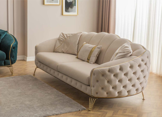Modern Beige Wohnzimmer Set Sofa 3 Sitzer Sessel Textil Sessel Wohnzimmer