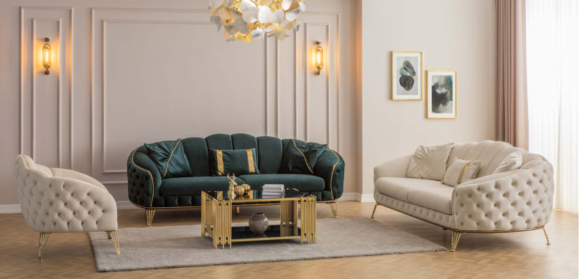 Modern Beige Wohnzimmer Set Sofa 3 Sitzer Sessel Textil Sessel Wohnzimmer