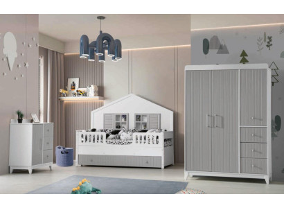 Schickes 3tlg Kinderzimmer-Set: Kommode, Kleiderschrank, Helles Bett