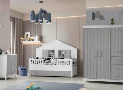 Schickes 3tlg Kinderzimmer-Set: Kommode, Kleiderschrank, Helles Bett