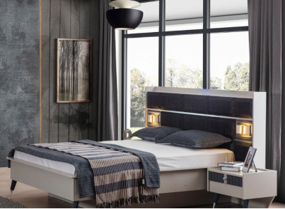 Grau-weiße Schlafzimmer Garnitur Doppelbett 2x Nachttische 3tlg Set