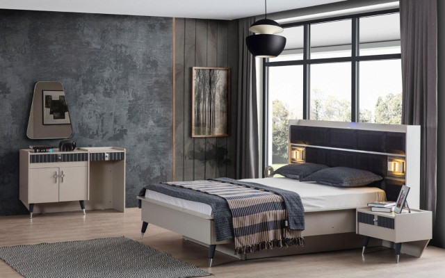 Grau-weiße Schlafzimmer Garnitur Doppelbett 2x Nachttische 3tlg Set