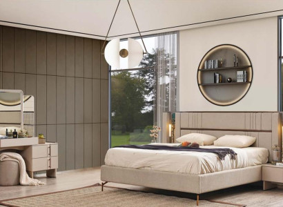 Moderne Schlafzimmer Möbel Beiges Doppelbett 2x Nachttische Schminktisch