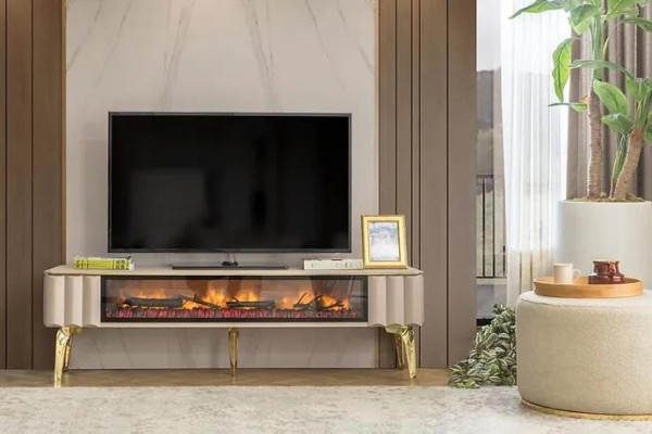 Skænk RTV Stue Luksusmøbler Pejs Beige MDF Metal Lavbord