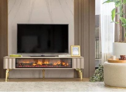  Sideboard RTV Wohnzimmer Luxusmöbel Kamin Beige MDF Metall Lowboard