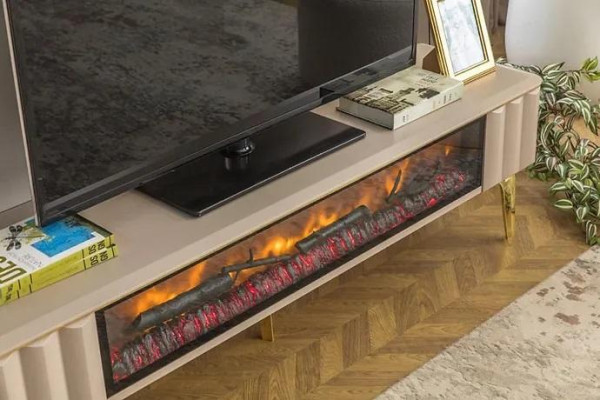 Skænk RTV Stue Luksusmøbler Pejs Beige MDF Metal Lavbord