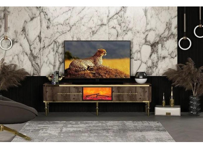  TV-Sideboard Wohnzimmer Luxuriöses dunkelbraunes MDF + Metall gold neu