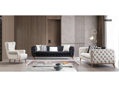 Sofagarnitur Sofa 3+3+1 Sitzer Schwarz Chesterfield Sessel Möbel