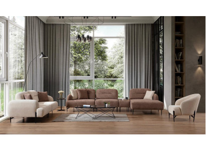 Moderne Braun-Weiße Sofagarnitur 3 Sitzer Stoffsessel L-Form Ecksofa