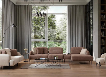 Moderne Braun-Weiße Sofagarnitur 3 Sitzer Stoffsessel L-Form Ecksofa